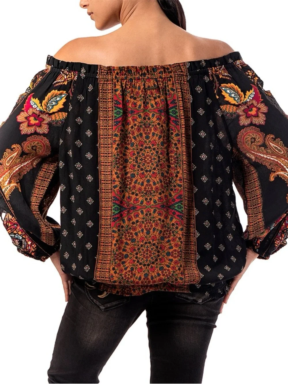 Desigual Off-Shoulder Boho Floral Patchwork Top in Black and Rust - Picture 5 of 11